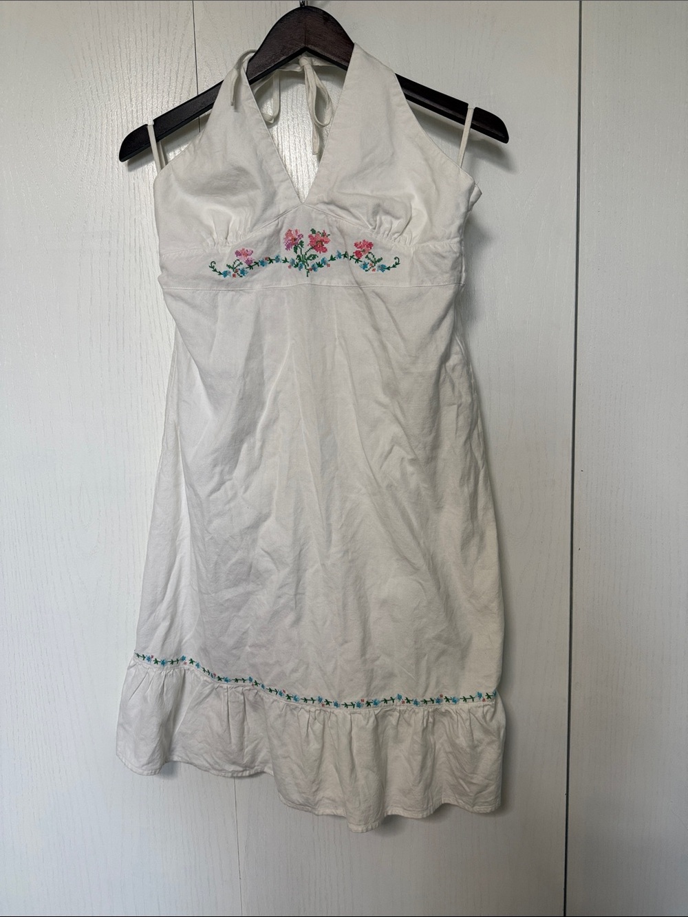 Roxy White Halter Mini Dress with Pink Floral Embroidery